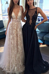 Beautiful A-Line Deep V-Neck Backless Lace Tulle Long Prom Dress